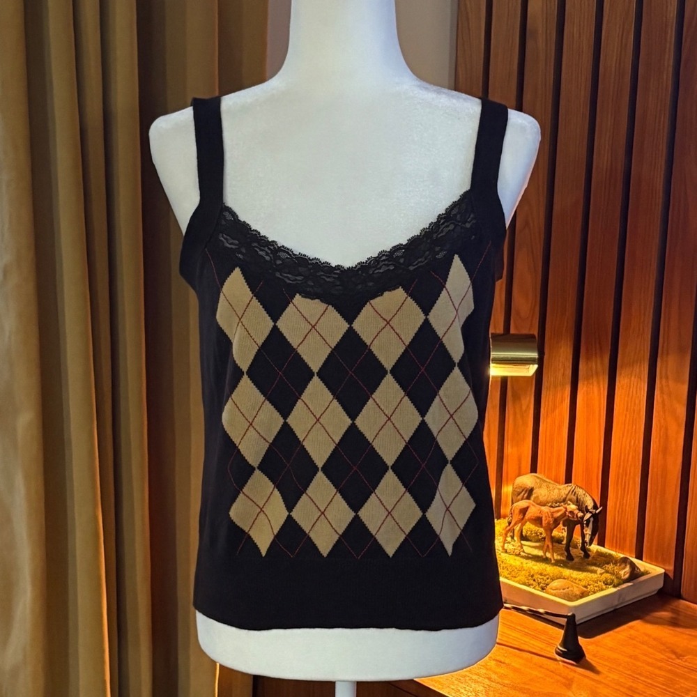 00s/Y2K Evan-Picone Brown Argyle Knit Tank Top Lace Trim Sweater Tank Top L